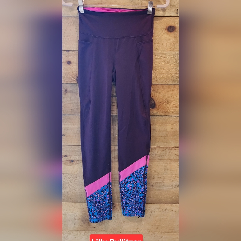 Lilly Pulitzer Purple Leggings with Pink & Blue Print Panels